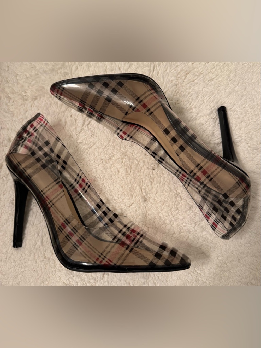 Wild Diva Plaid Pointed-Toe Pumps in Beige, Black and Red